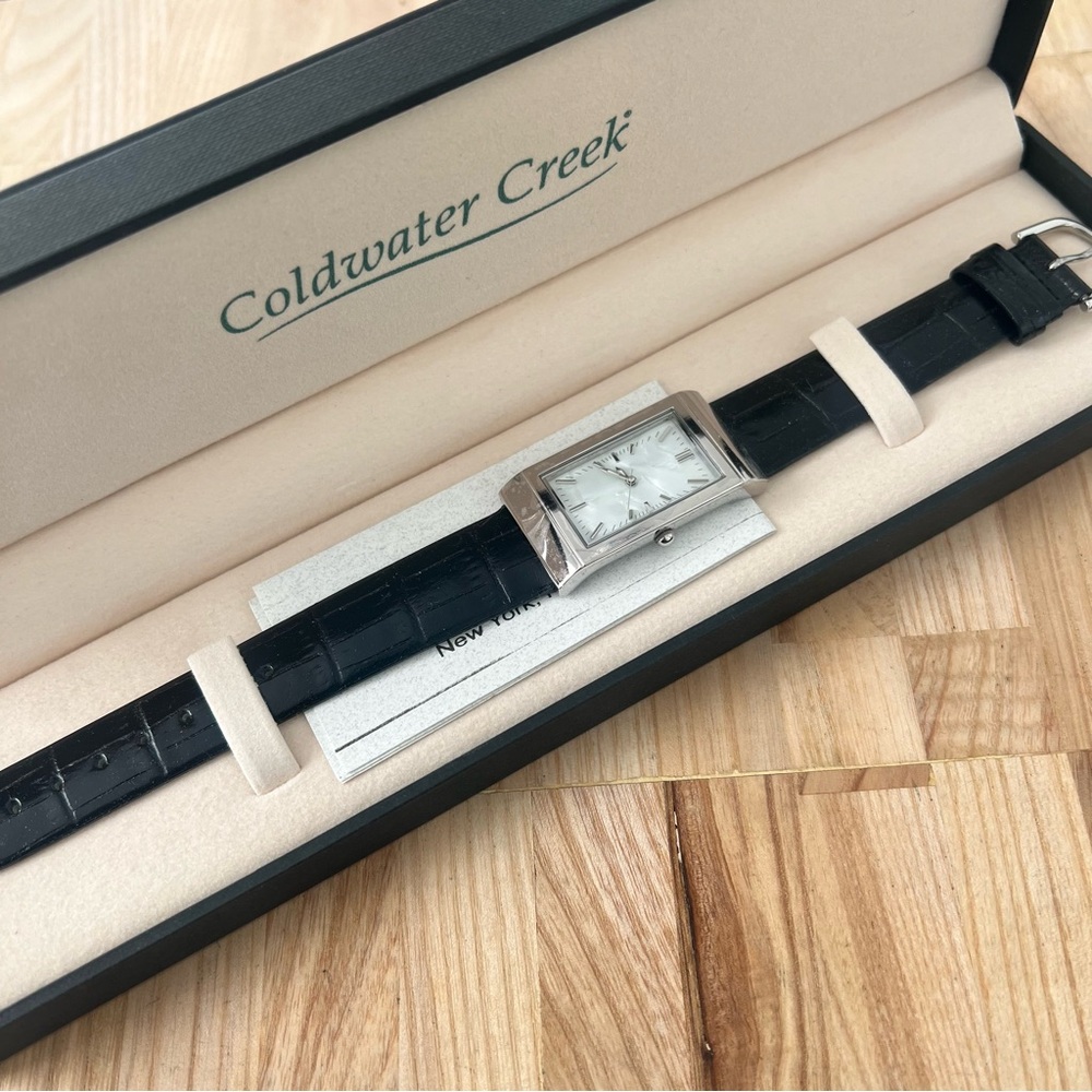 NIB Coldwater creek ladies rectangular silver tone black leather dress watch
